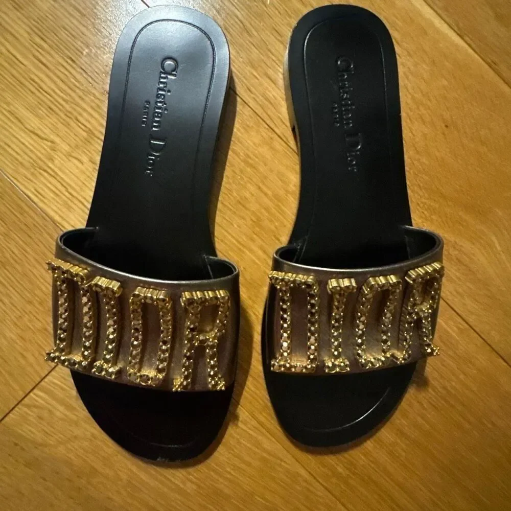 Dior Revolution Slides Black Leather and Rhinestones size 37